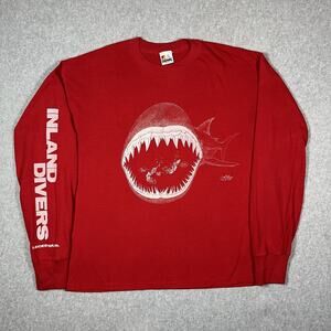 Vintage Inland Divers Giant Shark Long Sleeve T-shirt Men’s Size Large Red
